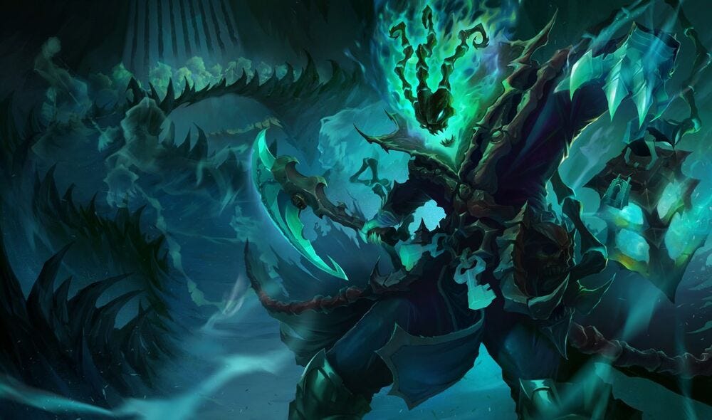 Thresh, a League of Legends character who is a ghost that chains people