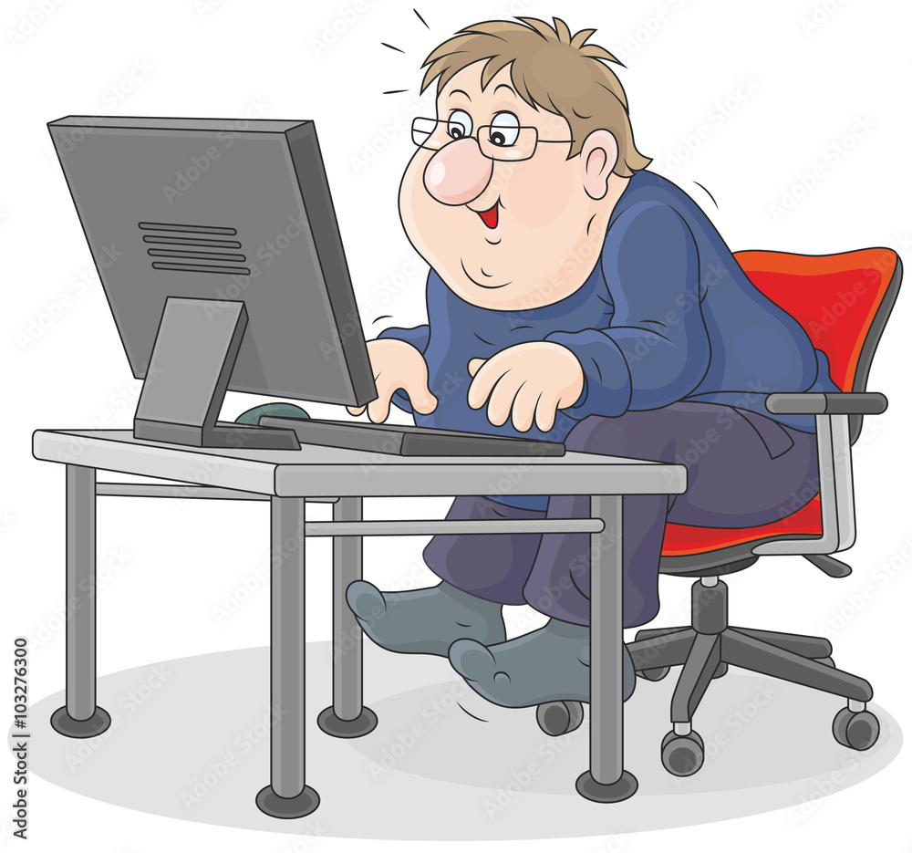 Cartoon illustration of man working at a desktop computer