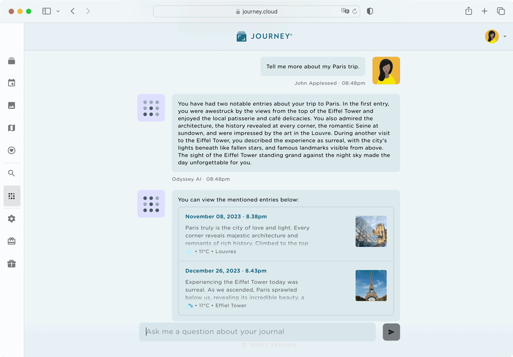 Ask Odyssey AI about your travels and trips, and it will provide a summary of your journeys.
