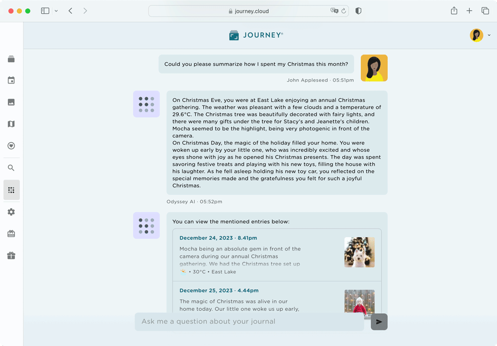 Odyssey AI is a chat-based bot that engages with your journal entries.