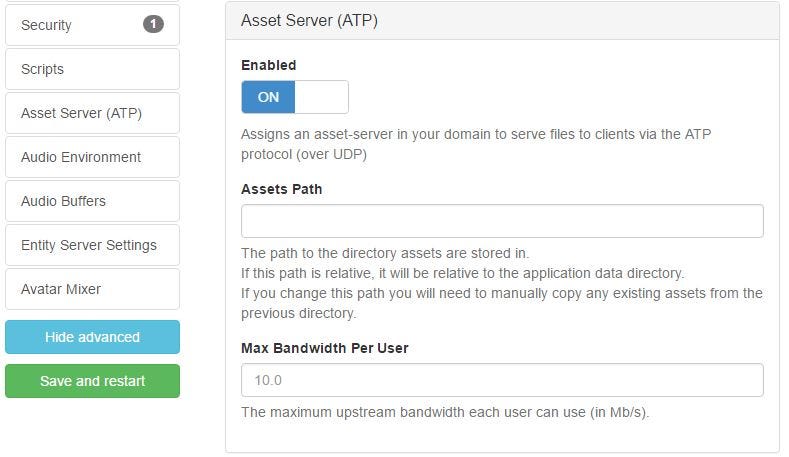 Specify where Sandbox stores your Asset Server files, control bandwidth, or disable/enable ATP in High Fidelity.