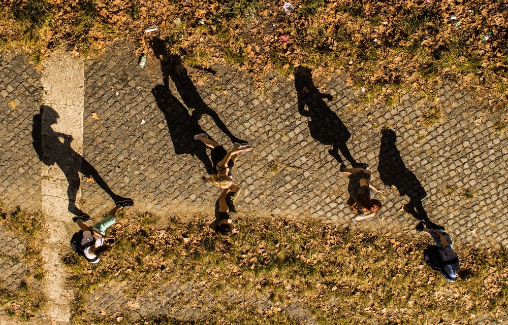 Horizontal overhead image of five children walking from left to right along a cobblestone path. The grass borders along the path are unkempt. The children’s shadows appear on the path to their left.
