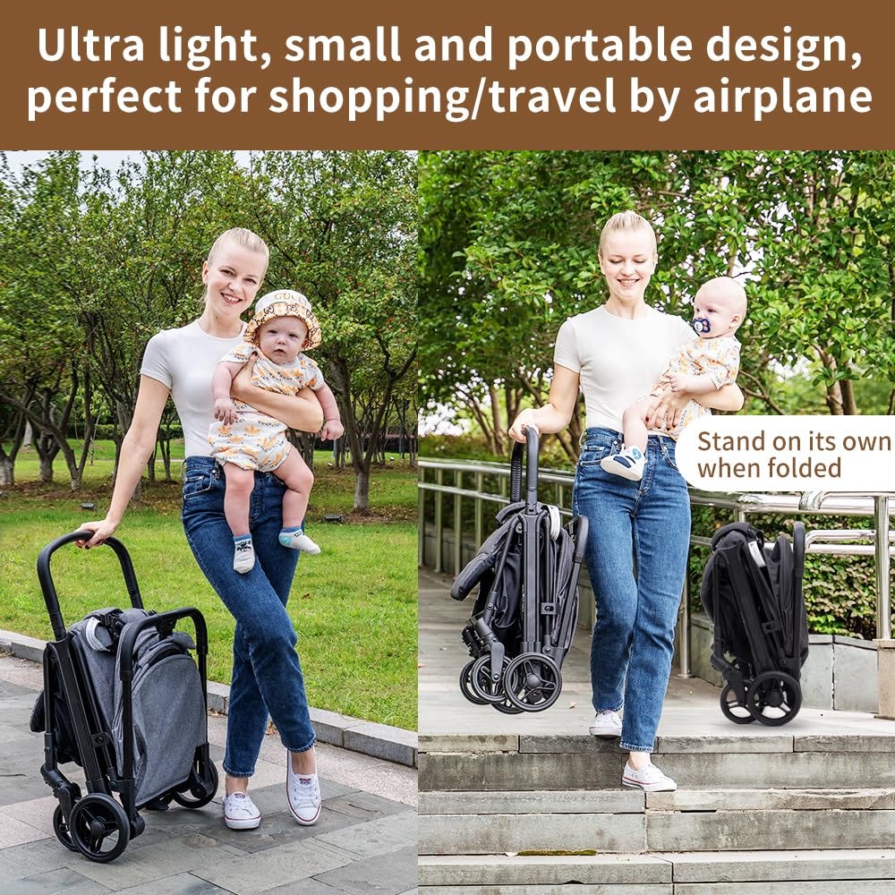 Lightweight Baby Stroller - Gravity Automatic Fold Travel Stroller for Airplane， One-Hand Folding Toddler Stroller，Compact Umbrella Stroller w/Adjustable Backrest/Footrest/Canopy…(Black)