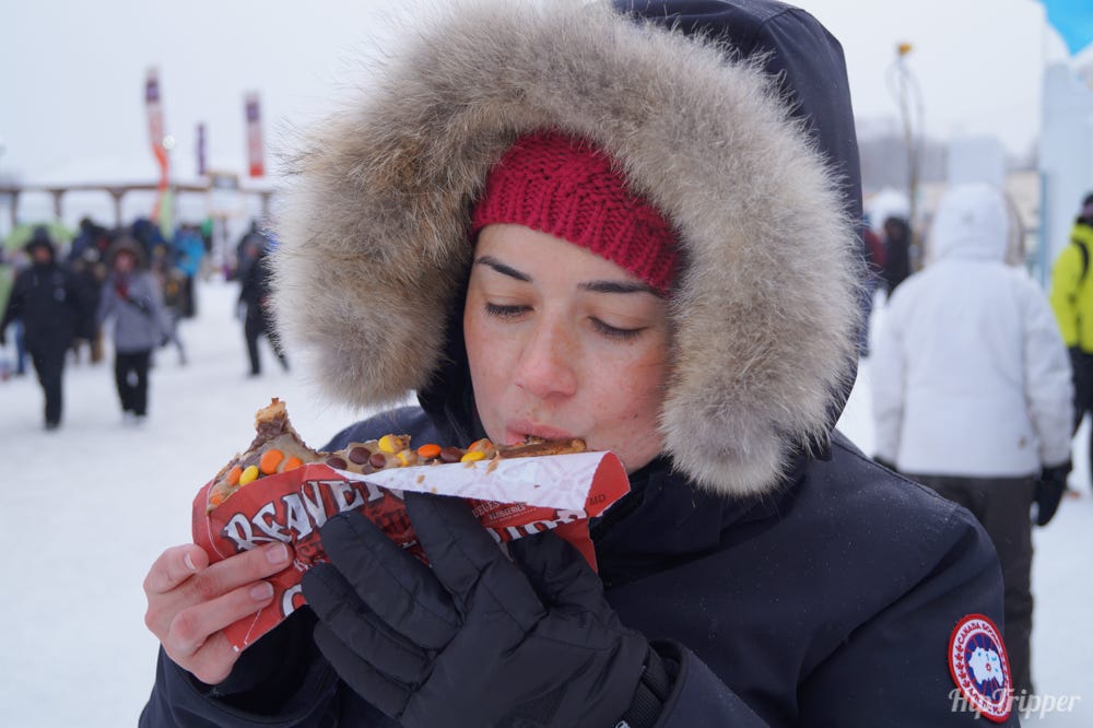Eating Beaver Tails at Quebec Winter Carnival