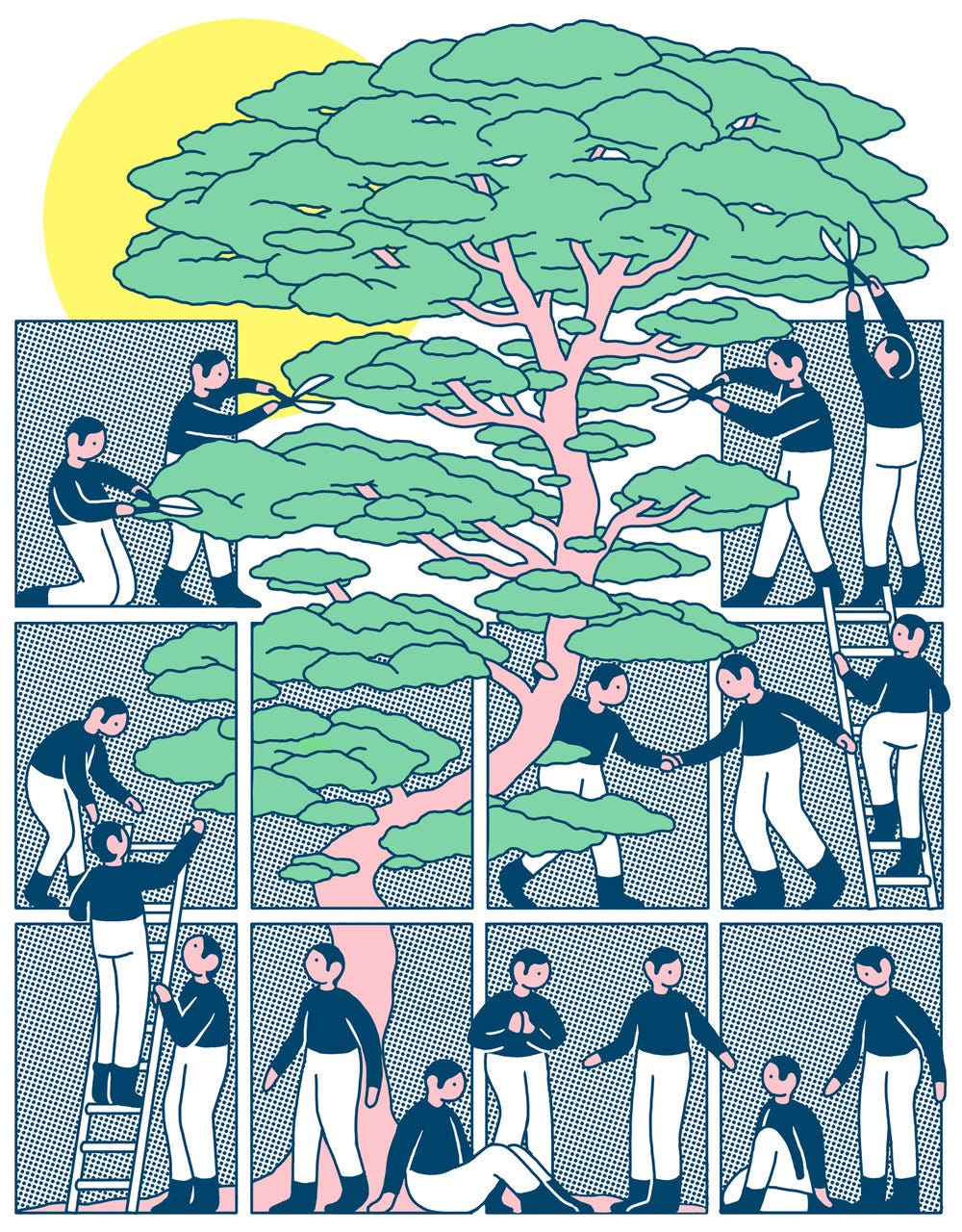 Drawing of little characters pruning a tree with a sunset in the background.