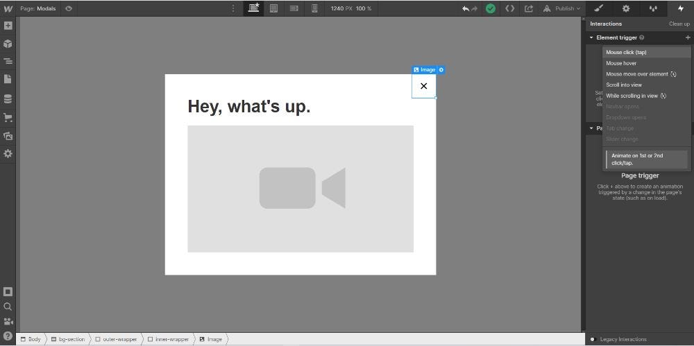 Adding an interaction for the modal in Webflow