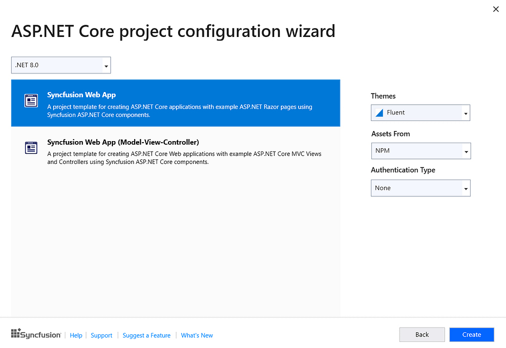 Choose .NET 8 option on the ASP.NET Core project configuration wizard
