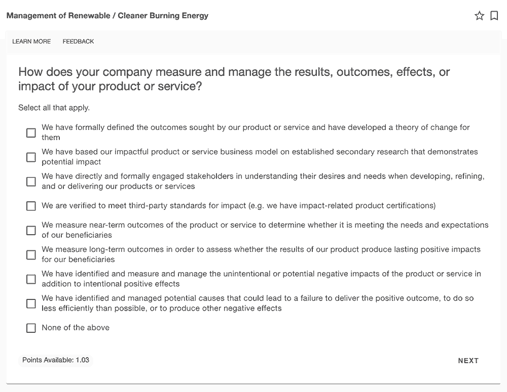 Image of a multiple choice question in the B Impact Assessment that offers answers to the question “How does your company measure and manage the results, outcomes, effects, or impact of your product or service?”