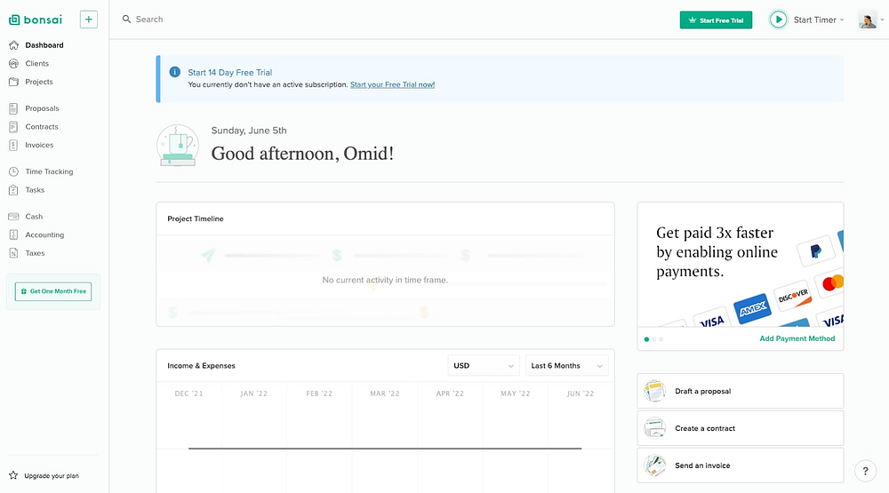 Bonsai dashboard —   Best Freelancers’ Payroll and Accounting Solution