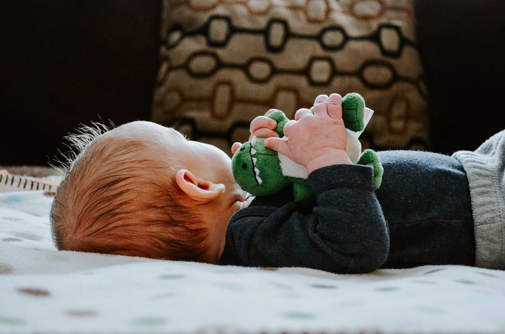 The side view of a baby with red hair looking away from the camera while lying on a blanket and holding a small stuffed dinosaur.