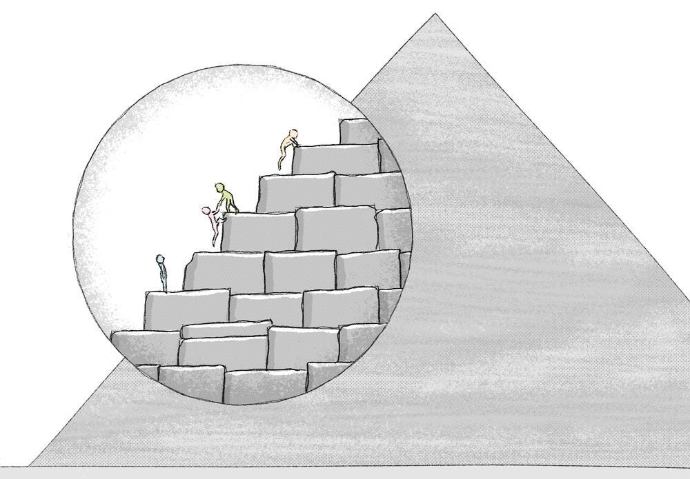 Illustration of people climbing up a pyramid. Those at the higher level are helping others climb.