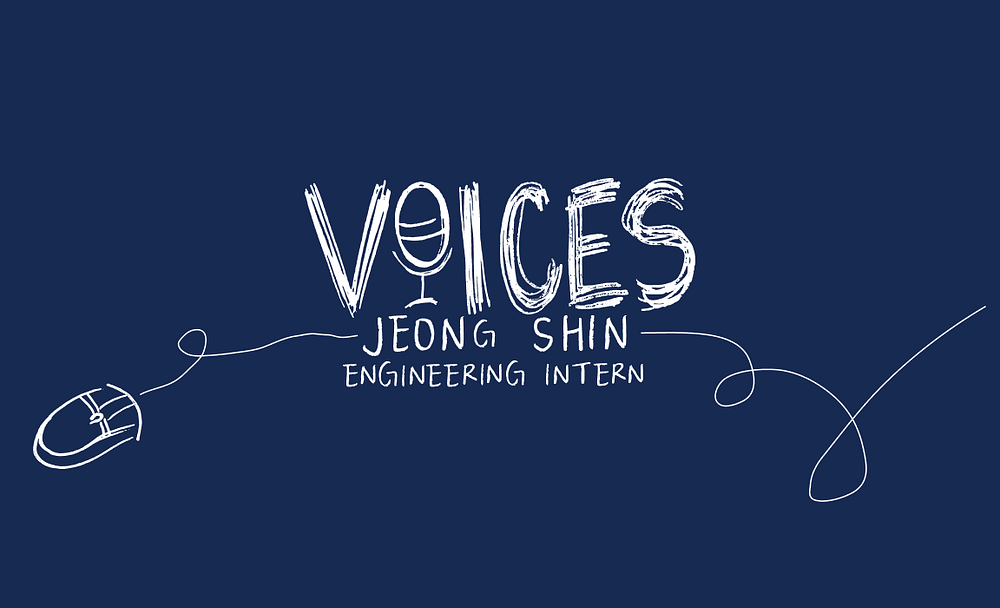 Graphic with white text and a dark blue background showing a mouse, microphone and the current interviewee’s name and title: Jeong Shin, engineering intern