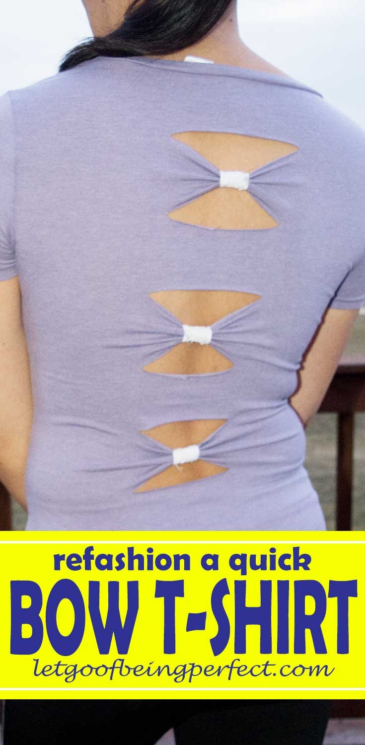 Make a simple cut bow t-shirt refashion. A step-by-step, diy sewing or no-sewing tutorial. #upcycle #refashionista #recycle #clothing #crafts #crafting