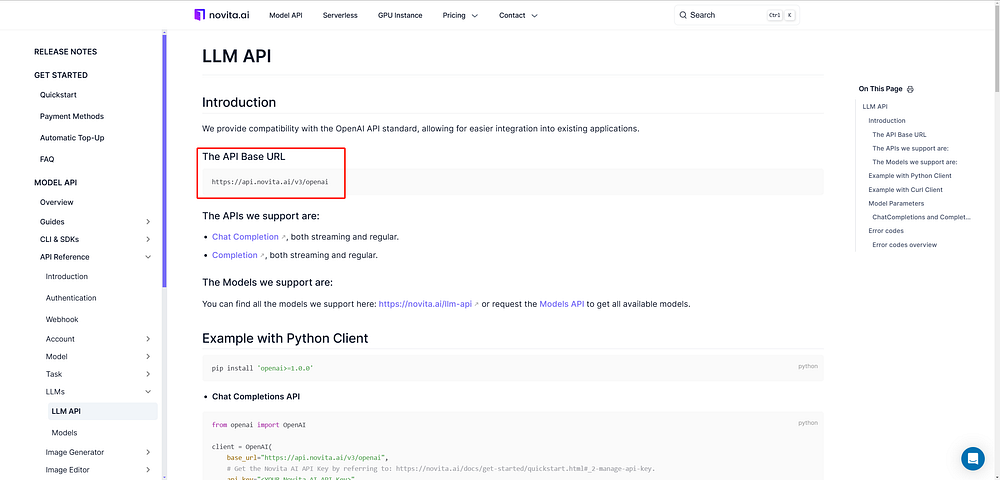 LLM API documentation with The API Base URL.