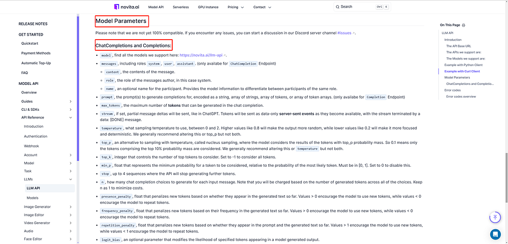 LLM API documentation for model parameters and chat completions.