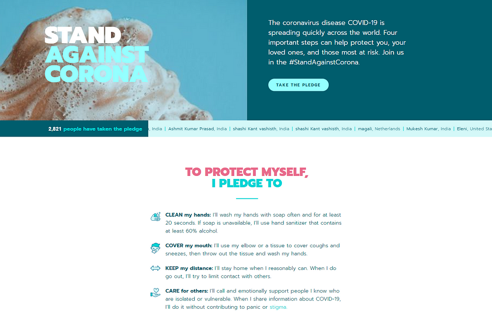 Stand Against Corona website asking people to pledge to wash hands, cover coughs, keep distance, and care for others.