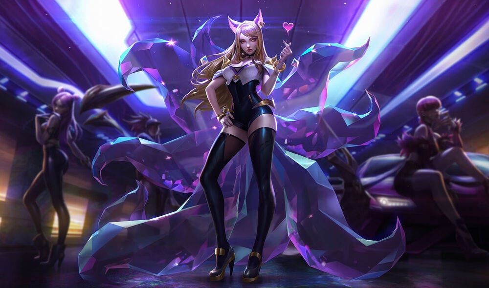 Ahri, the nine-tailed fox, posing and showing us a finger heart