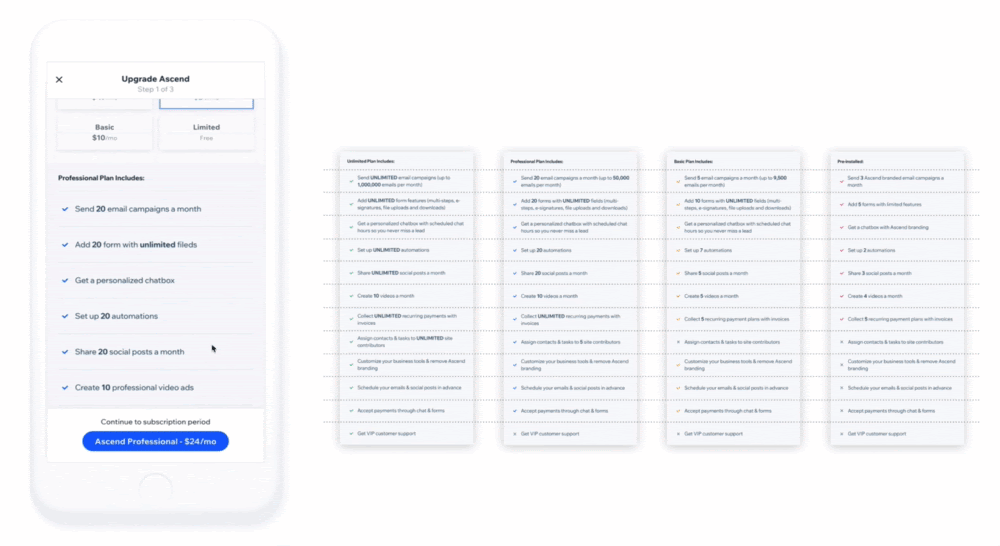 Animated gif showing how to scroll horizontally between the different pricing packages, while scrolling vertically to read up on features.