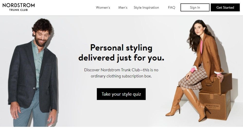 Trunk Club homepage quiz - example of interactive content for website customization