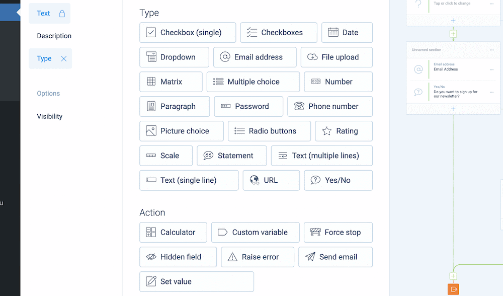 The various form field types within Tripetto’s editor.