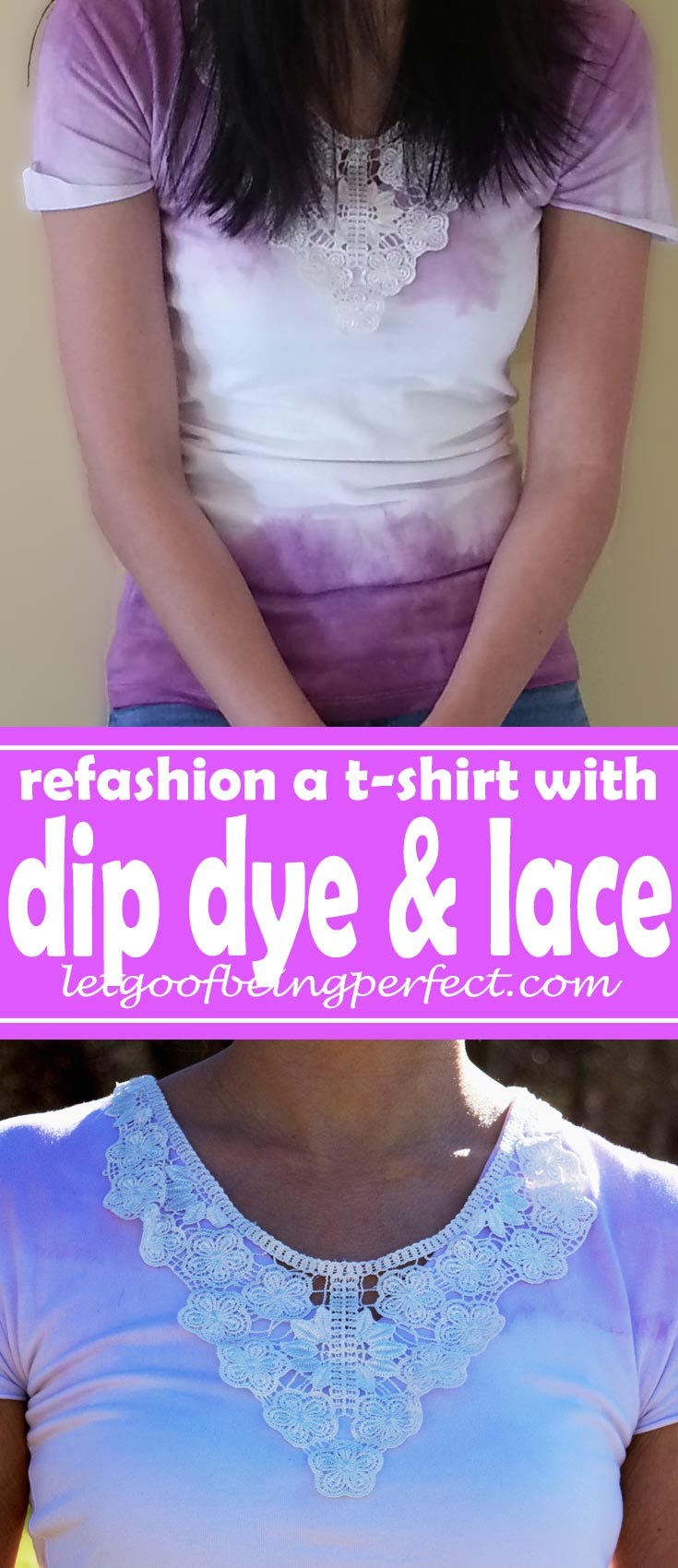 Remaking a plain white t-shirt with dip dye and lace. Step-by-step sewing tutorial with lots of pictures. #refashionista #crafting #crafts #t-shirts