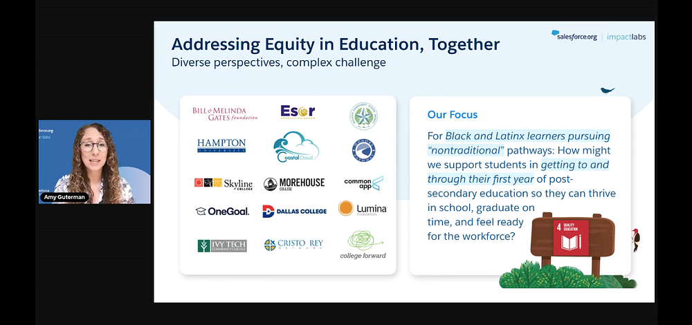Image of Amy Guterman, Director, Salesforce.org. Showing .orgs focus to address equity in education together.
