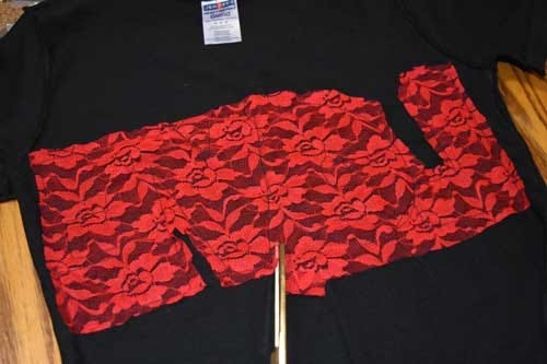 Another awesome Valentine's Day refashion t-shirt with the word "LOVE" cut out with red lace. Simple step-by-step DIY sewing tutorial. Upcycle! Fashionista!