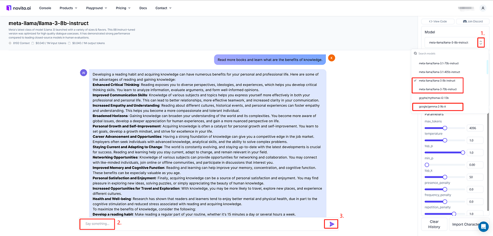 Novita AI meta-llama/llama-3–8b-instruct model page with interactive chat.