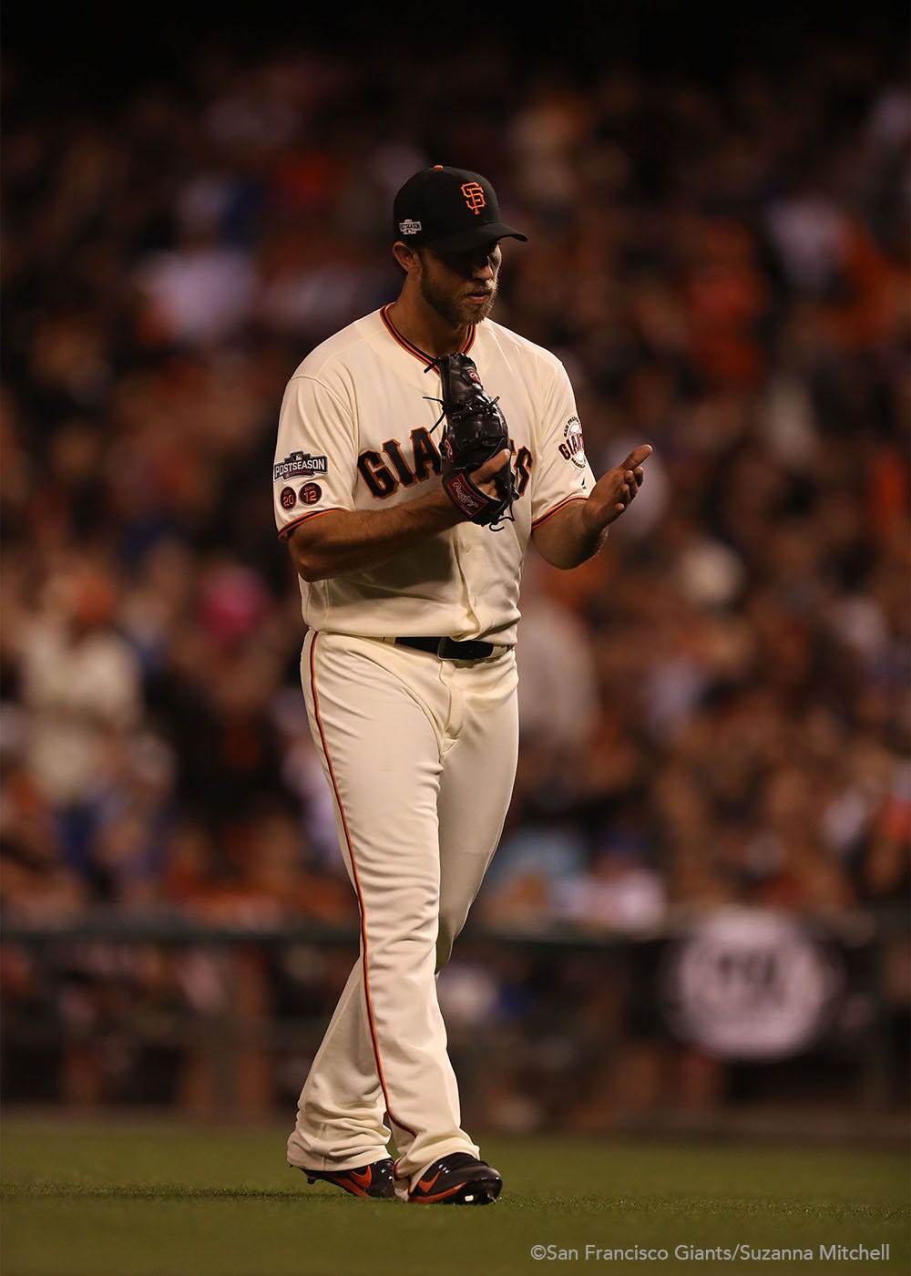 Madison Bumgarner leaves the mound after pitching during the fifth inning.