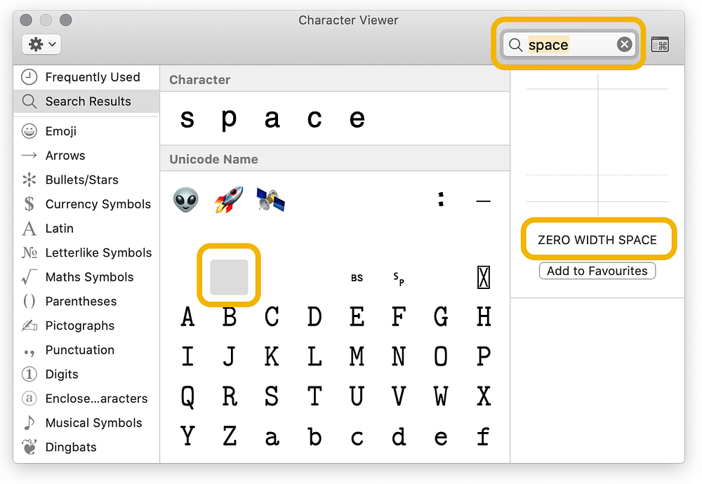 Character Viewer with search box and Zero Width Space highlighted.