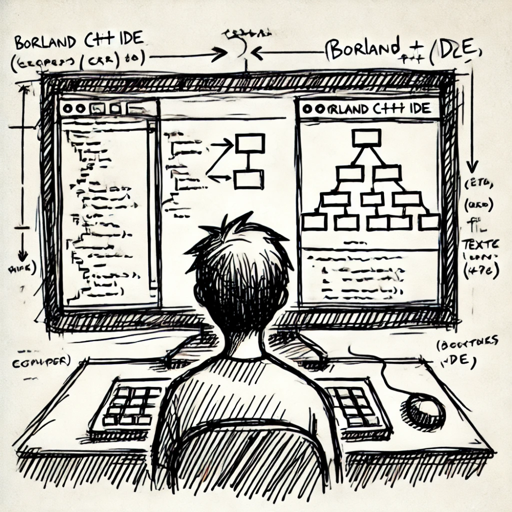 A developer programming in a Borland C++ IDE — By Dall-e