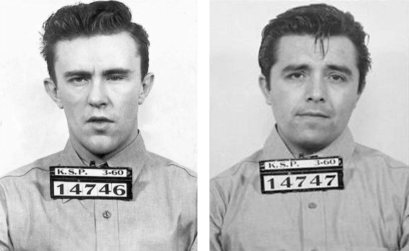 Richard “Dick” Hickock and Perry Smith prisoners pictures with their identification number strip, in black and white