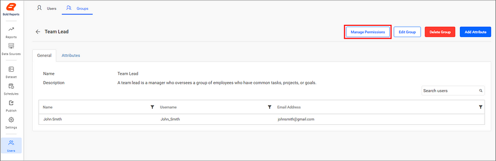 Click Manage Permissions on the Groups profile page.