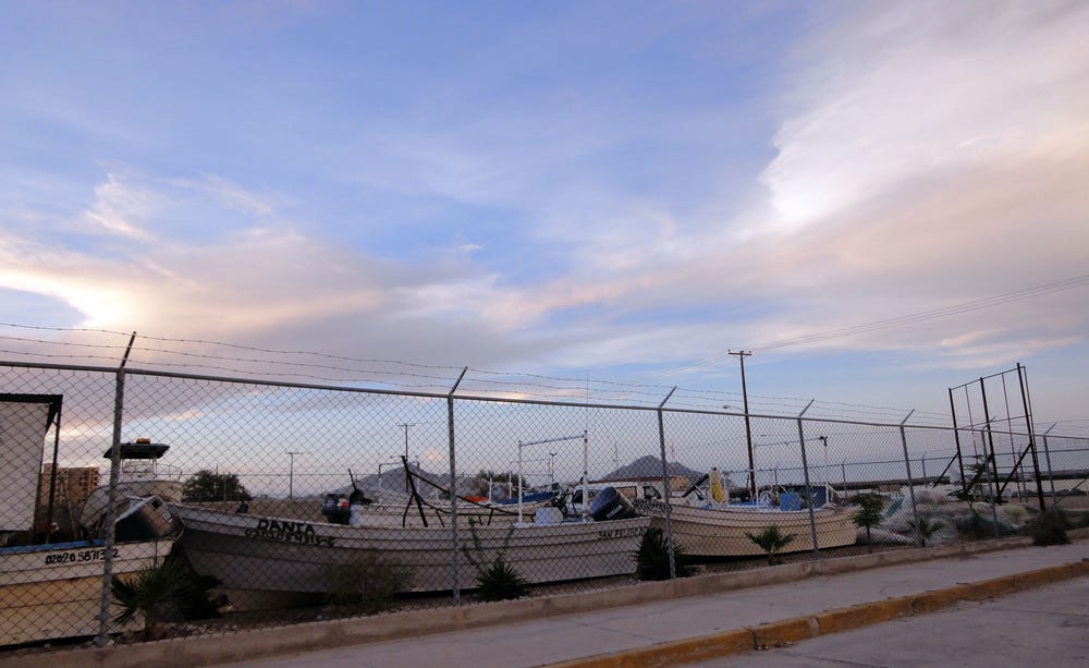 Pangas and gillnets seized by enforcement groups are locked away in San Felipe's marina. Photo: Catalina Lopez