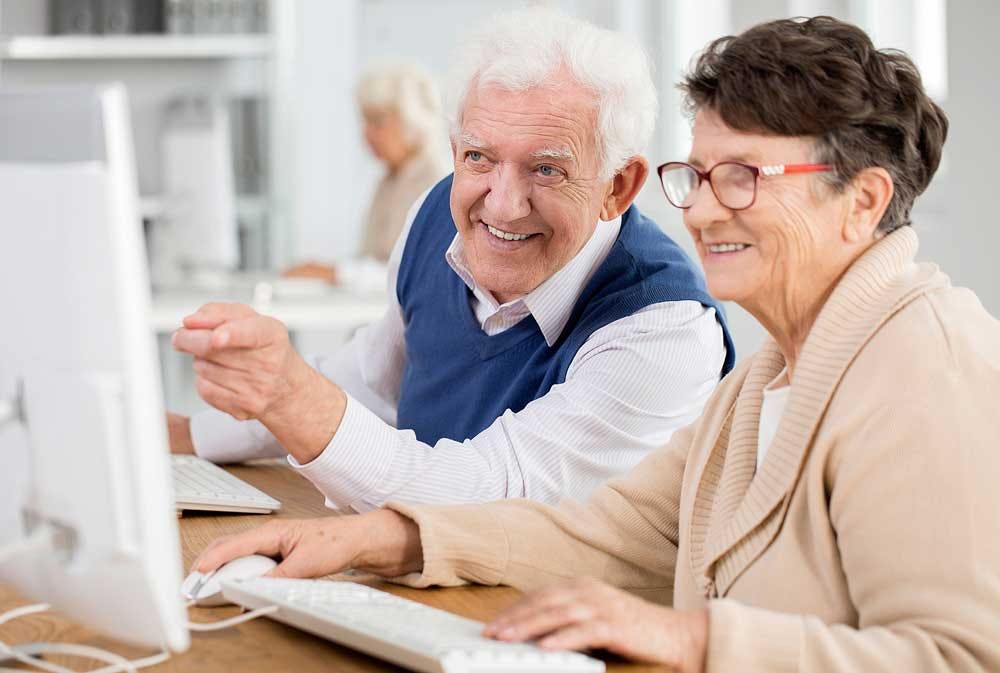 Senior man sitting with senior woman whilst pointing at a computer screen