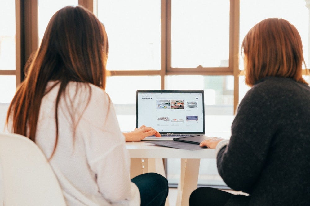 Two women look at a computer screen in front of huge windows on a sunny day.