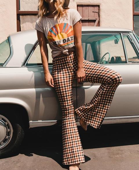 Vintage Plaid High Waist Long Flare Bell-Bottom Pants-Chicbohostyle