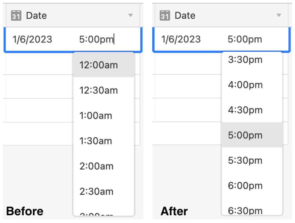 The behavior of the time input field in Airtable before and after a hackathon