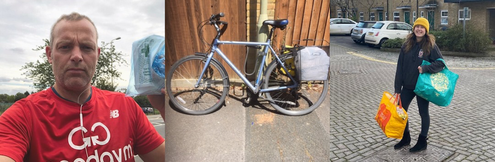 A prescription runner, a bike, and a shopping deliverer.