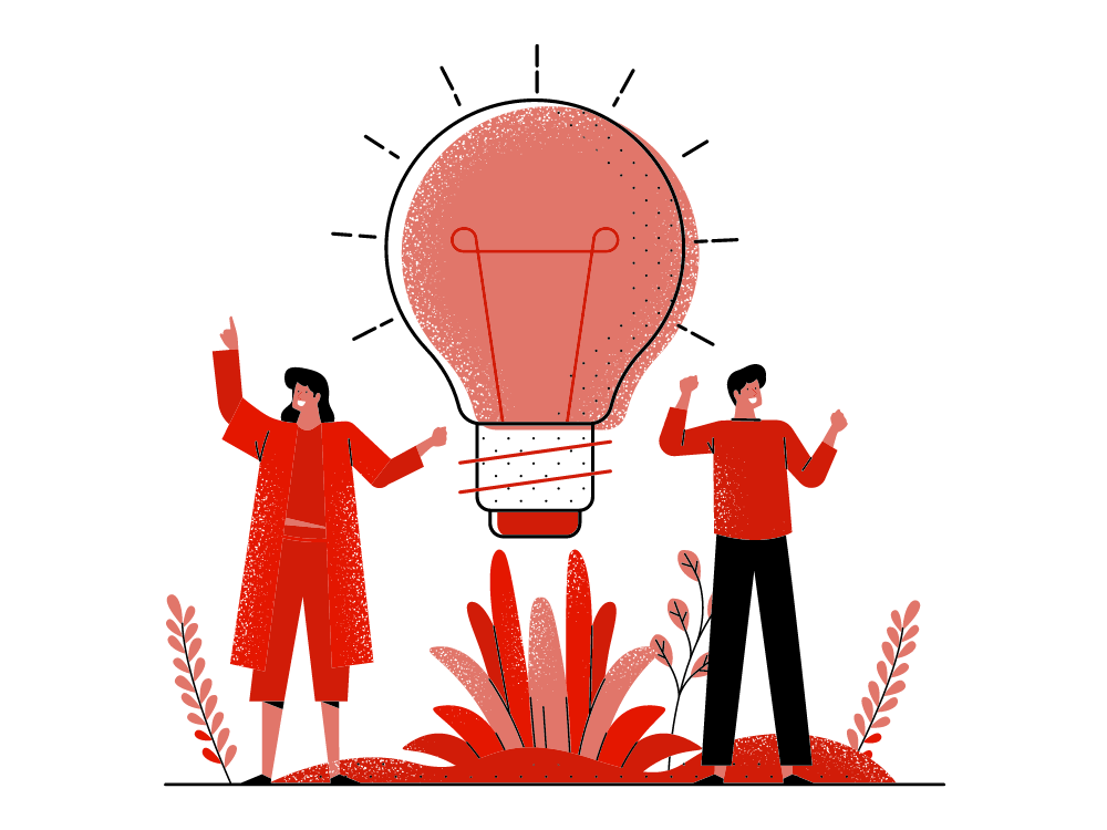 Illustration of two people standing next to a large light bulb.