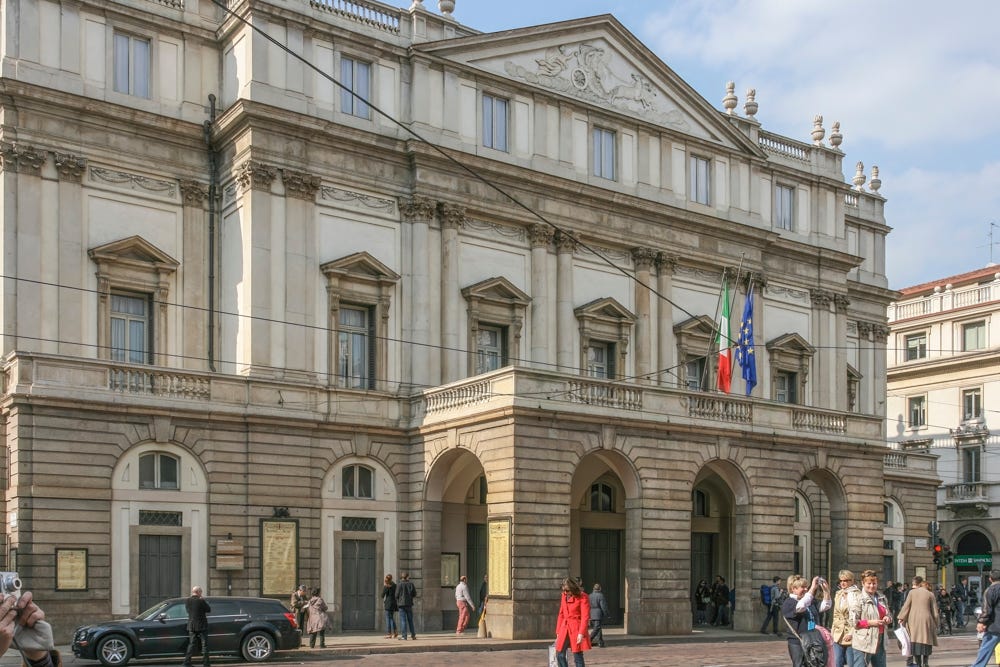 The front three-story facade of the Teatro alla Scala, Milan’s Opera House.