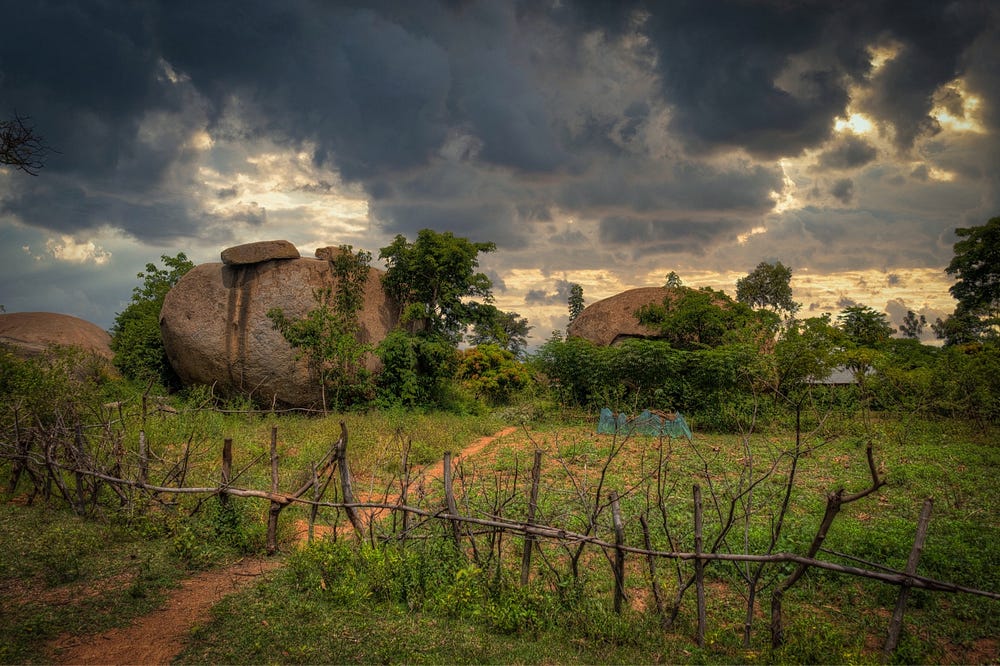 The farms often lie among these huge boulders.