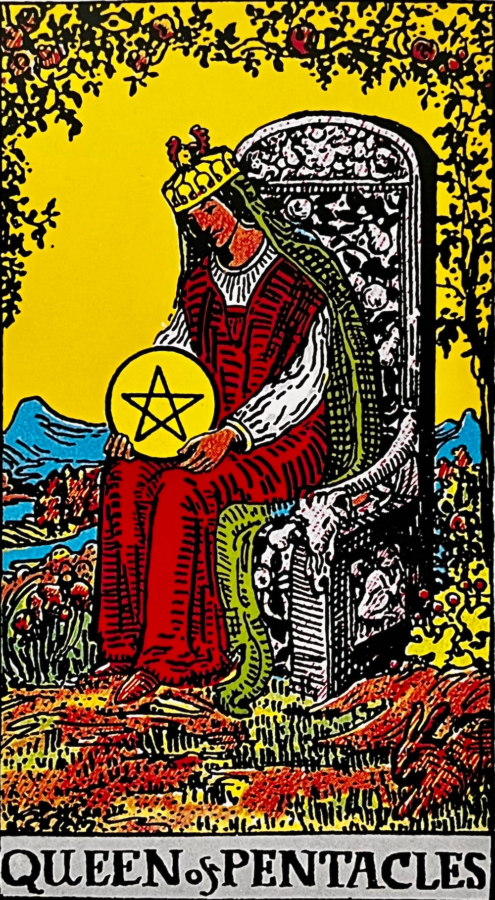 Queen of Pentacles — A queen sits on her throne in a lush garden holding a pentacle in her lap