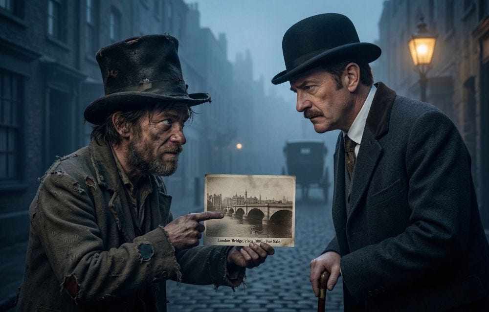 An AI-generated, detailed photo in a foggy Victorian London street. A ragged, scruffy man in a battered top hat holds an old sepia postcard showing a bridge. He points intensely at the image while looking at a well-dressed gentleman in a bowler hat and grey suit, who looks back with clear skepticism. The card has legible text reading, ‘London Bridge, circa 1880 — For Sale.’ In the background, there is a lit gas lamp and a horse-drawn carriage.