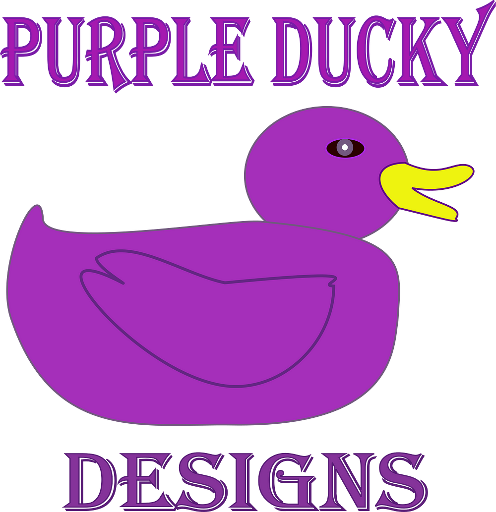 A cartoon picture of a purple rubber ducky with a yellow beak facing to the right. The words Purple Ducky are above the duck and the word Designs is underneath it. The word are also in purple.