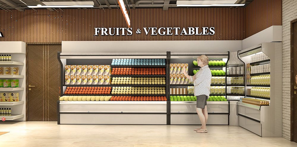 Modern supermarket interior design featuring a well-organized fruits and vegetables section. Fresh produce like apples, oranges, and green vegetables are neatly displayed on sleek shelves. Contemporary retail design with wooden wall panels, bright lighting, and ergonomic layout creates a clean, functional, and customer-friendly grocery shopping experience.