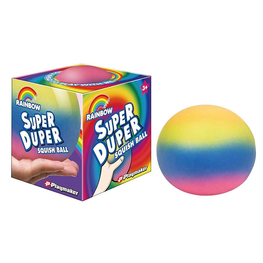 Large rainbow ombre ball with a box that says “Rainbow Super Duper Squish Ball.”