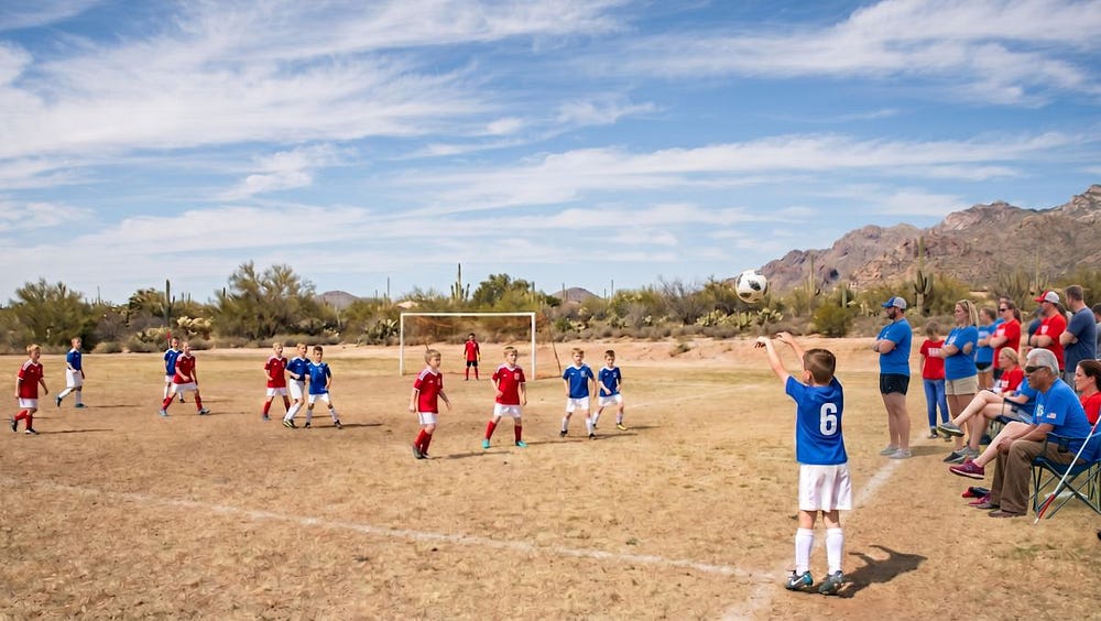 A youth soccer player in a blue #6 jersey performs a throw-in on a dirt field in a desert setting, with teammates, opponents, and spectators watching against a backdrop of mountains.