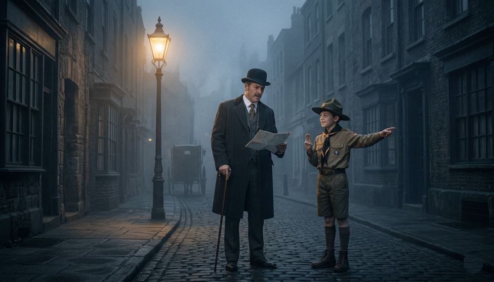 An AI-generated photo in a foggy Victorian London street at dusk. The well-dressed gentleman in the bowler hat and grey suit, stands on a cobbled street, looking down at a map he is holding. He has a walking stick. Next to him stands a young boy of about twelve, in a crisp, correct period Boy Scout uniform with a scout hat. The boy is pointing down the street with his other hand. A lit gas lamp and a waiting carriage are behind them.