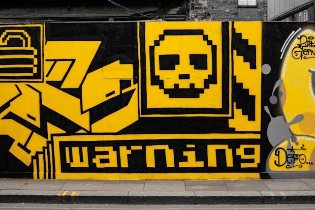 A yellow and black wall adorned with a skull and a warning sign, conveying a message of caution or danger.